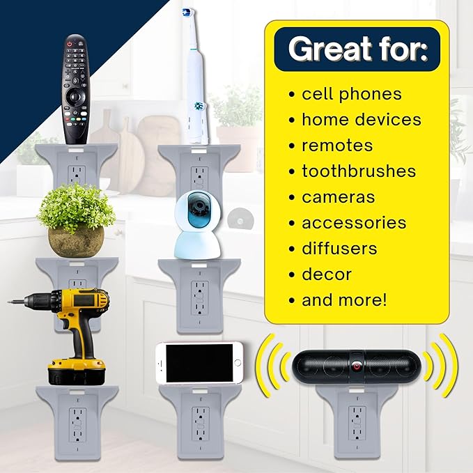 BeraTek Power Perch Wall Outlet Shelf | Declutter & Reclaim Counter Space | Bedroom & Bathroom Organizing Shelves | Alexa Echo Dot Holder, Router Shelf, Holds Electric Toothbrush | Gray, 2-Pack