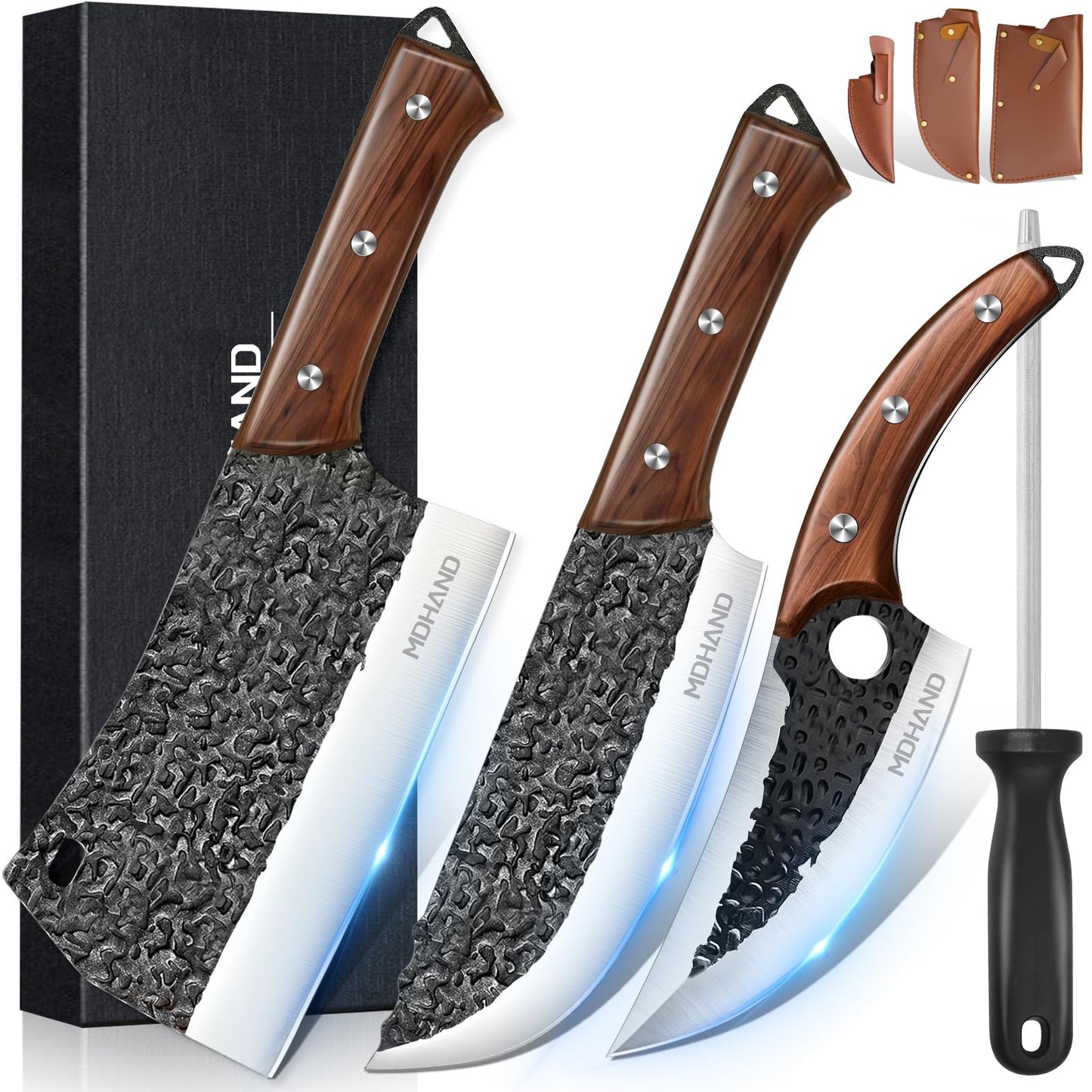 MDHAND Butcher Knife Set, Hand Forged Meat Cleaver Knife Gift for Men