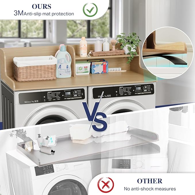DTK Washer Dryer Wood Countertop with Shelf, Laundry Topper with Non-Slip Mat,27.55" Depth x 54" Width Dryer Covers for The Top with Edge Rails (Light Walnut)