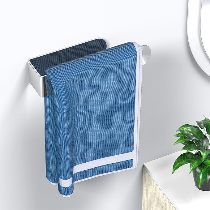 HUFEEOH 2 Pack Adhesive Hand Towel Holder, Sticky Towel Bar Towel Holder Wall Mounted, Stainless Steel Kitchen Towel Holder Hand Towel Rack for Bahtroom Hotel RV Kitchen (Polished Silver)