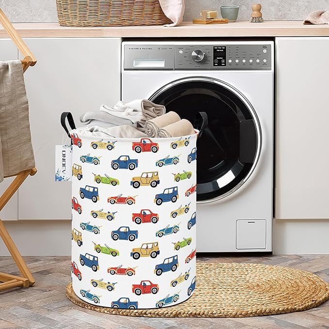 Round Foldable Kids' Racing Cars Laundry Hamper Boys Gift Basket Vehicles Transportation Suitable For Home Decoration and Toy Storage(Car)