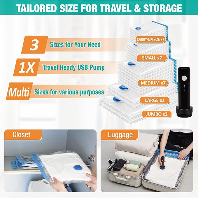 Travel Vacuum Storage Bags with Rechargeable USB Air Pump, Space Saver Vacuum Seal Bags for Luggage, Sealer Compression for Clothes, Comforters, Blankets, Bedding, 25 Combo