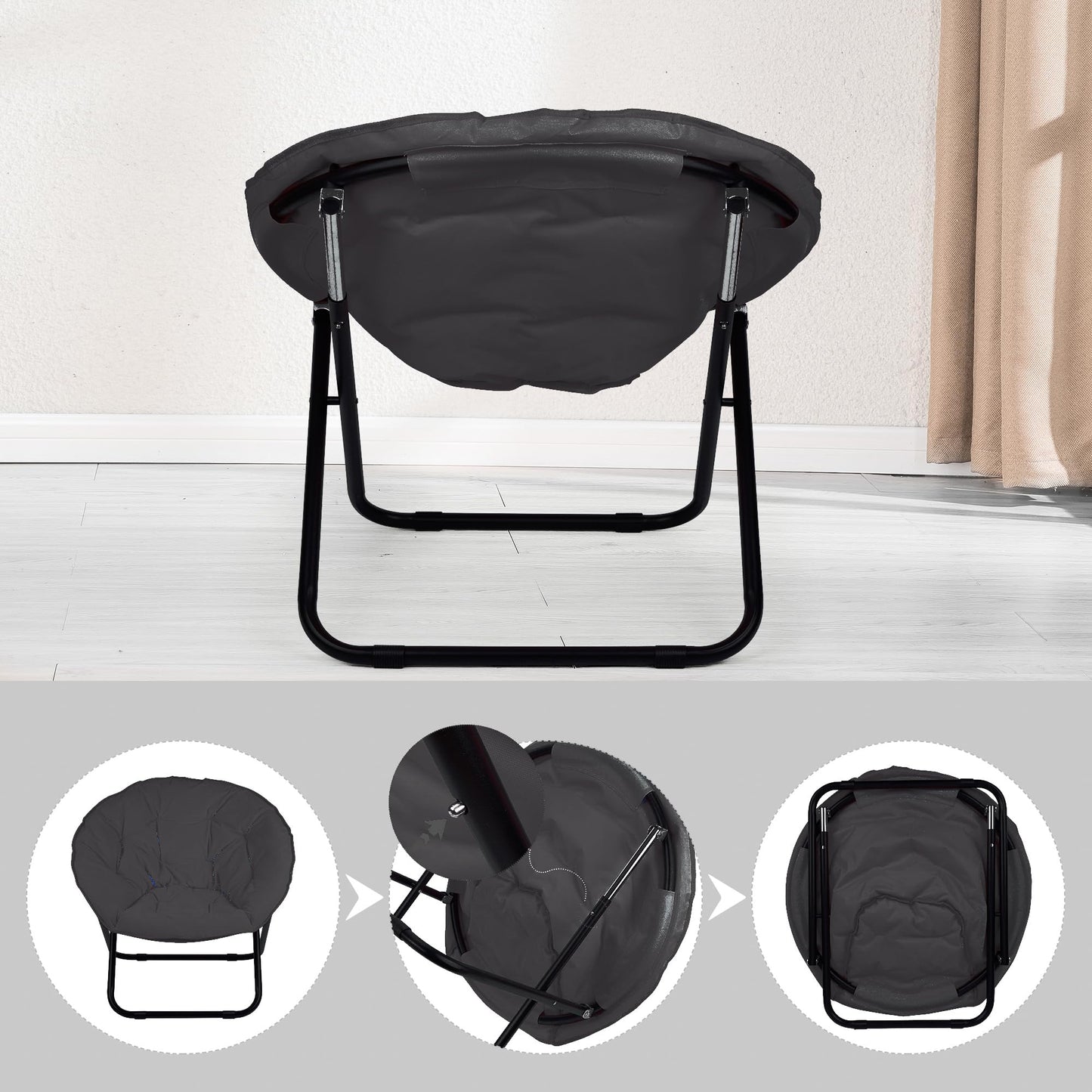 Folding Faux Fur Saucer Chair,Portable Folding Soft Moon Chair for Bedroom, Dorm Rooms, Apartments, Lounging, Garden and Courtyard, Black