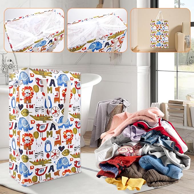 Odonata Slim Laundry Hamper Handles Collapsible Laundry Basket Thin Dirty Clothes Basket Narrow Laundry Bag Foldable Dirty Hamper 48L (Animal)