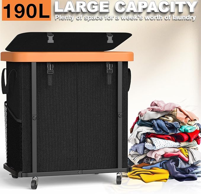 190L (50 Gal) Large Fashion Laundry Basket with Wheels, Leather Patchwork Rolling Hamper Carts, Sturdy Metal Frame, Removable Washable Bag, Tall Clothes Sorter for Bedroom - 2 Setion Black