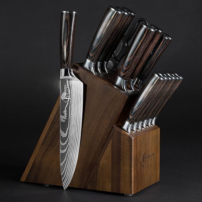 SENKEN 16-Piece Knife Block Set - Japanese High Carbon Stainless Steel with Damascus Pattern, Dark Wood Handles, 6 Steak Knives & Acacia Hardwood Block (Brown)