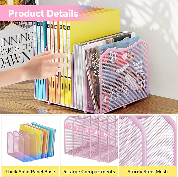 Simple Trending Mesh Desktop File Sorter Organizer, 5-Section Bookshelf for Desk Home Office, Pink