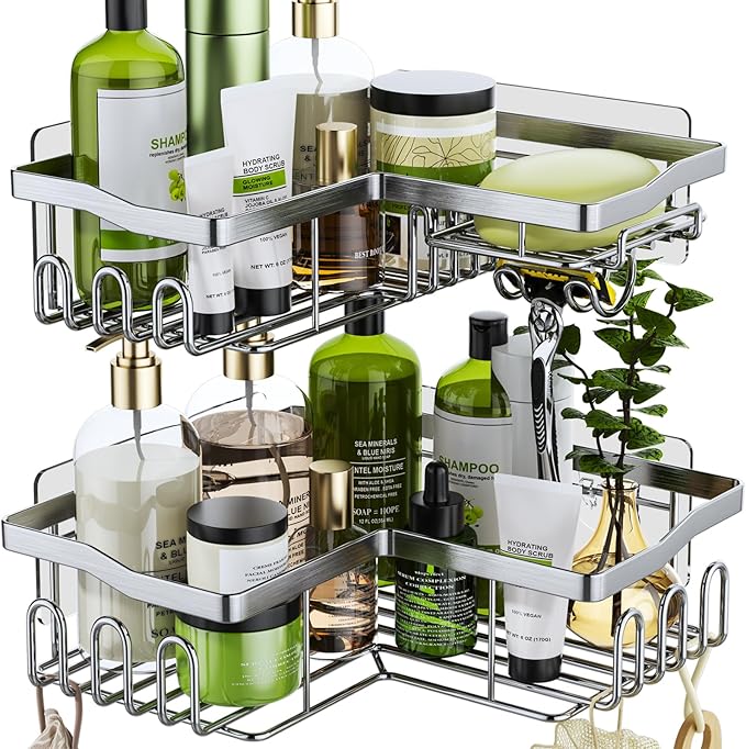HapiRm Corner Shower Caddy with Shampoo Holder, Shower Organizer with 11 Hooks, No Drilling Rustproof Stainless Steel Bathroom Shelves - Silver (Only for 90 ° Right Angle)
