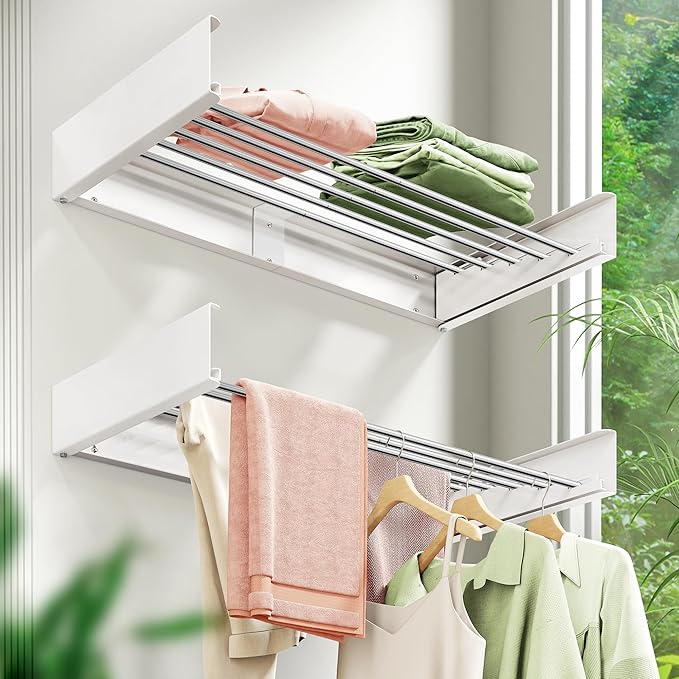 Wall Mounted Drying Rack,32 inches,Foldbale, Clothes Drying Rack,Laundry Drying Rack Wall Mount,Drying Rack Clothing Space Saver,Retractable,Collapsible,Folding Laundry Rack,White