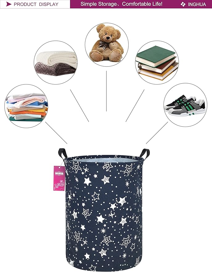 Laundry Hamper Large Canvas Fabric Lightweight Storage Basket/Toy Organizer/Dirty Clothes Collapsible Waterproof for College Dorms, Boys and Girls Bedroom,Bathroom(Blue star)