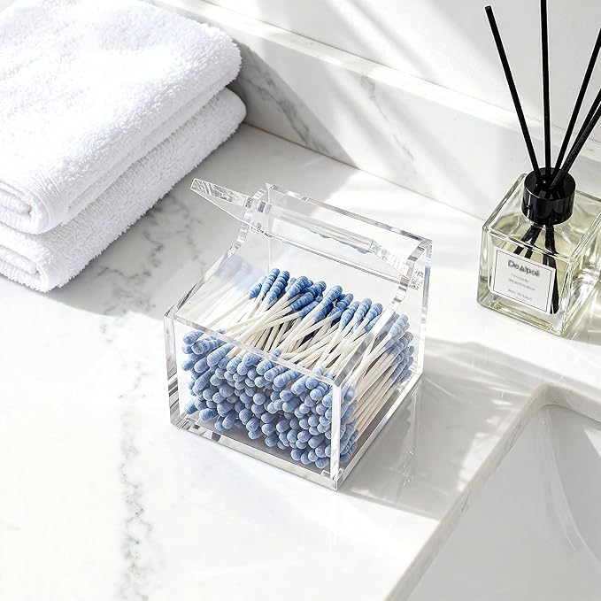 Clear Acrylic Qtip Holder With Lid Cotton Balls Swab Organizer,Square Q Tip Storage, Floss Picks, Bath Salts, Cotton Wab Holder,Home Bathroom Decor (DP011)