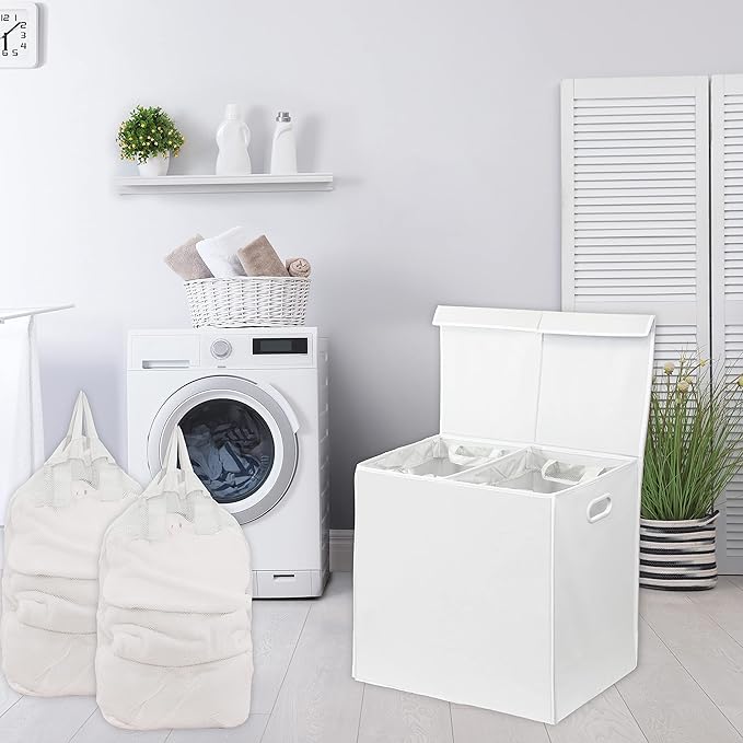 Simple Houseware Double Laundry Hamper with Lid and Removable Bags, White