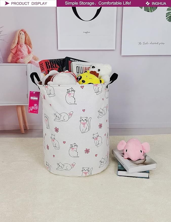 Laundry Hamper Large Canvas Fabric Lightweight Storage Basket/Toy Organizer/Dirty Clothes Collapsible Waterproof for College Dorms, Boys and Girls Bedroom,Bathroom(Love cat)