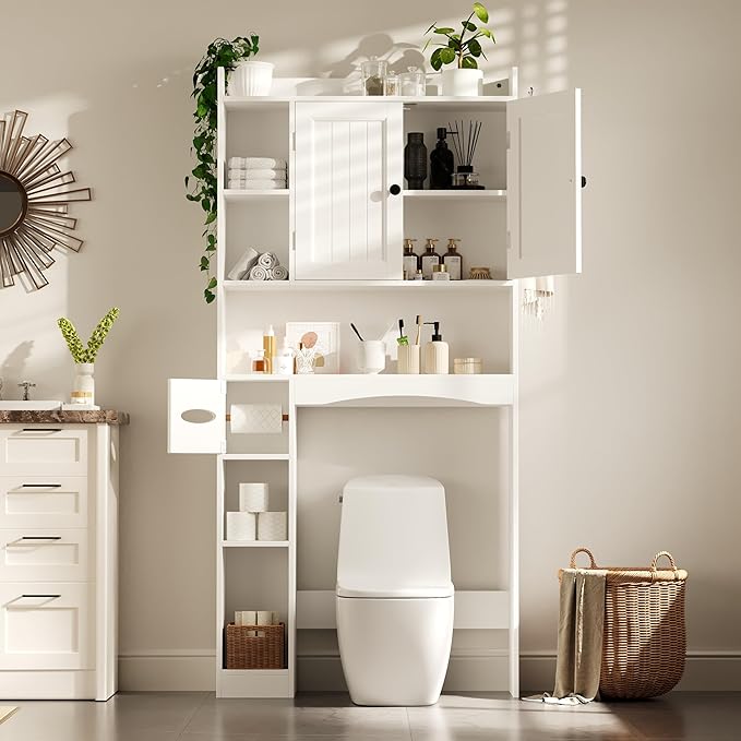 Gizoon 66''H Over The Toilet Storage Cabinet, White Over Toilet Storage Cabinet, Over Toilet Bathroom Organizer, with 2 Doors, Paper Holder and Racks, Adjustable Shelf, for Bathroom, Laundry, White