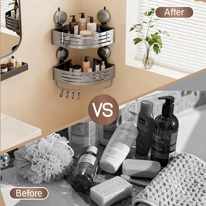 Corner Suction Cup Shower Caddy(2-Pack Gray),No-Drilling Aluminum Shower Shelf with Towel Bar & Hooks,Removable Bathroom and Kitchen Storage Organizer.