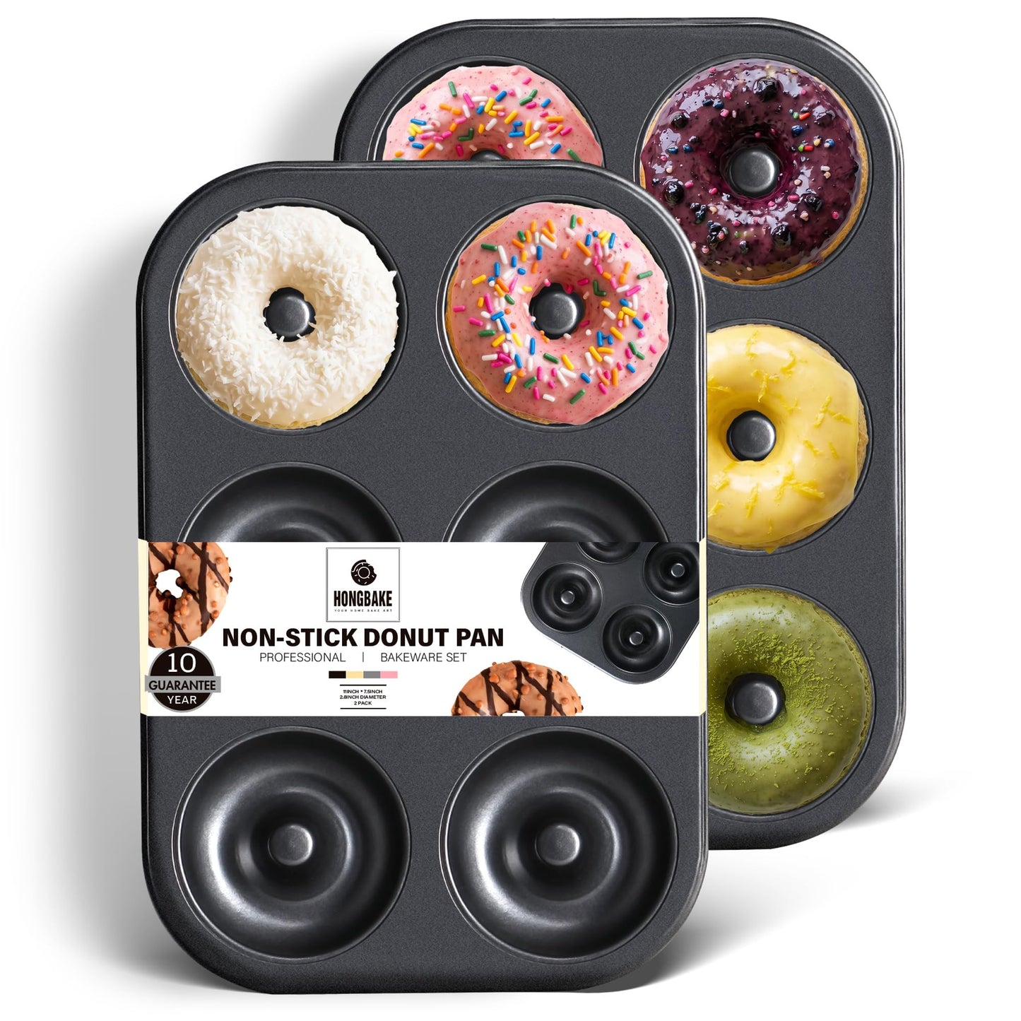 HONGBAKE Donut Pan for Baking, 2-Pack Nonstick Doughnut Pans, 6-Cavity Deep Donut Mold for Fuller Baked Cake Donuts, Heavy-Duty Carbon Steel, Oven Safe to 450°F - Bronze Gold
