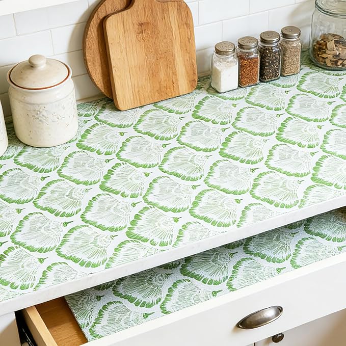 Drawer and Shelf Liner - Green Banana Leaf Pattern,Non Adhesive Non Slip Waterproof Easy-Clean Liner for Kitchen Cabinet, Refrigerator, Bathroom, Pantry Storage Drawers, 17 in x 20 Ft.