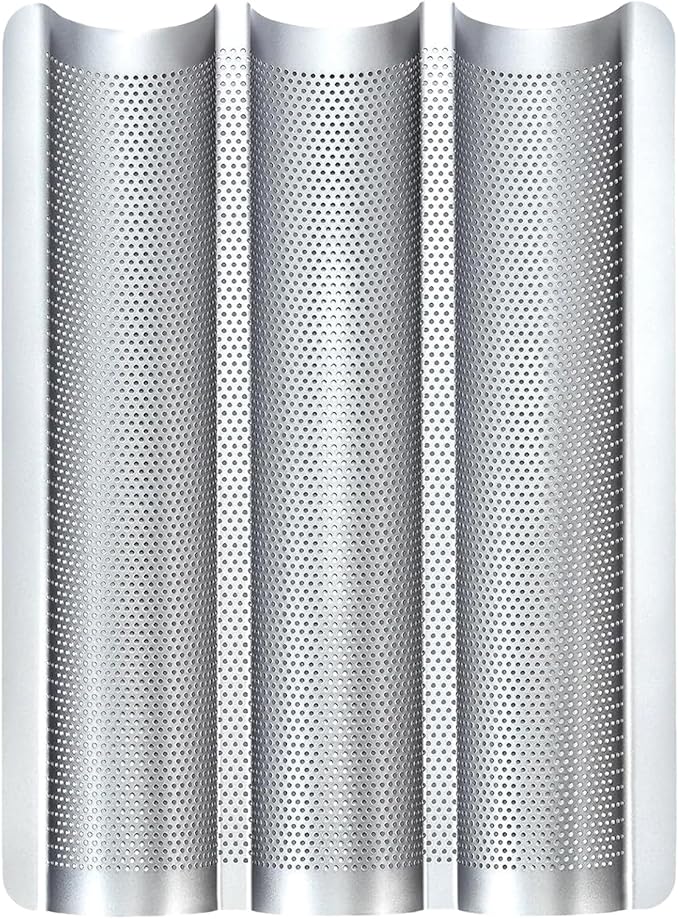 Hesanzol Baguette Pans for Baking 15" x 11", Carbon Steel 3 Loaf Nonstick Baguette Baking Tray for French & Italian Perforated French Bread Pan (2pack - Silver)