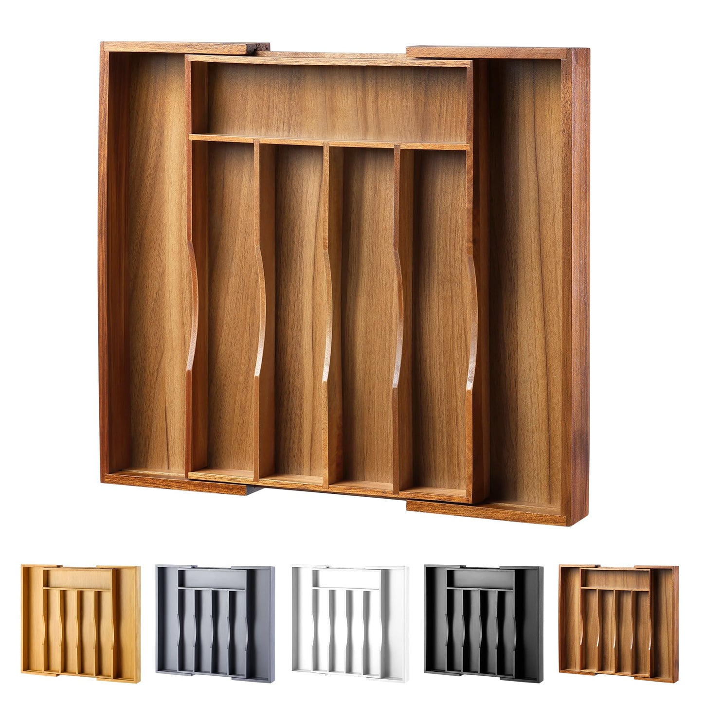 oridom Expandable Bamboo Kitchen Drawer Organizer for Cutlery and Utensils, Adjustable Bamboo Wood Cutlery Tray in Drawer for Flatware and Silverware in Kitchen, (White)