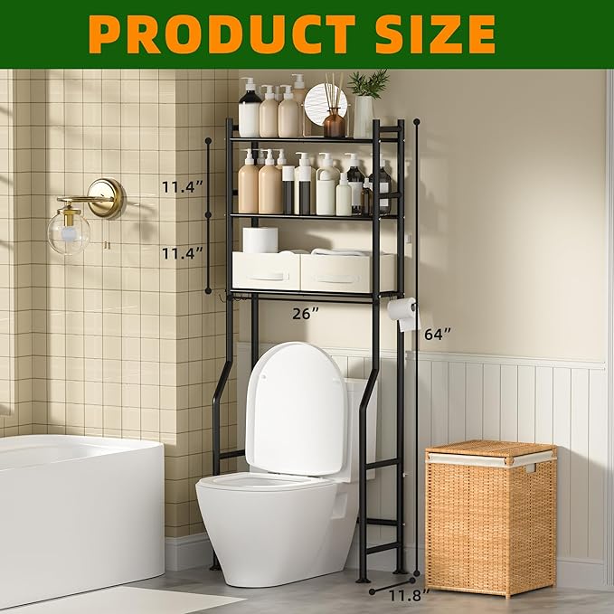3 Tier Over The Toilet Storage Rack with 2 Basket, Metal Freestanding Bathroom Shelves Toilet with Paper Holder and 4 Hooks, Over Toilet Storage Shelf for Bathroom Storage, Black