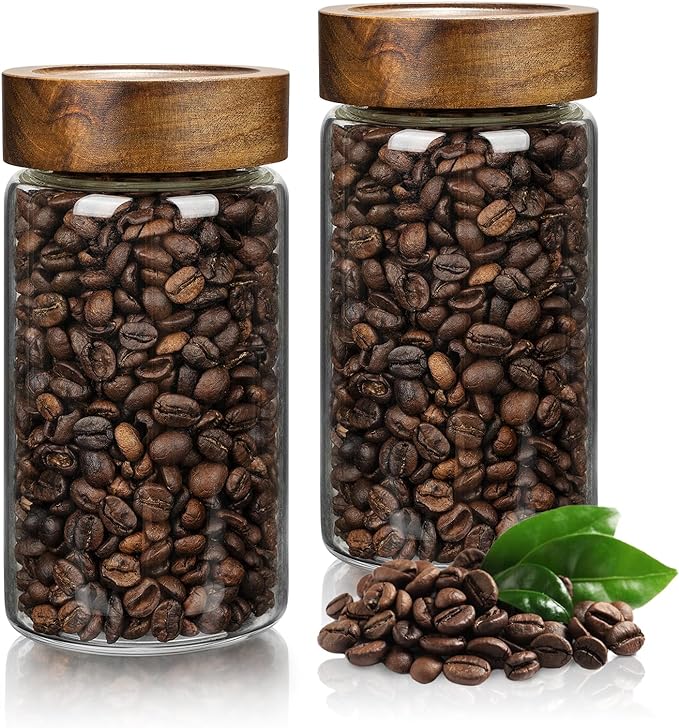 piconesper 2PCS Small Glass Storage Jars with Airtight Lids, 11 fl oz (300ml) coffee container with Wooden Lid, Glass Pantry Canister for Beans, Rice, Sugar and etc