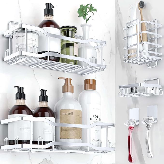 Shower Caddy Bathroom Shelves, The Athena Silken 4 Set, 40LB Capacity, Adhesive Tape -No Drill -Rustproof -Gorgeous Powder Coated 304 Stainless Steel Shower Organizer for kitchen & Home Decor - White
