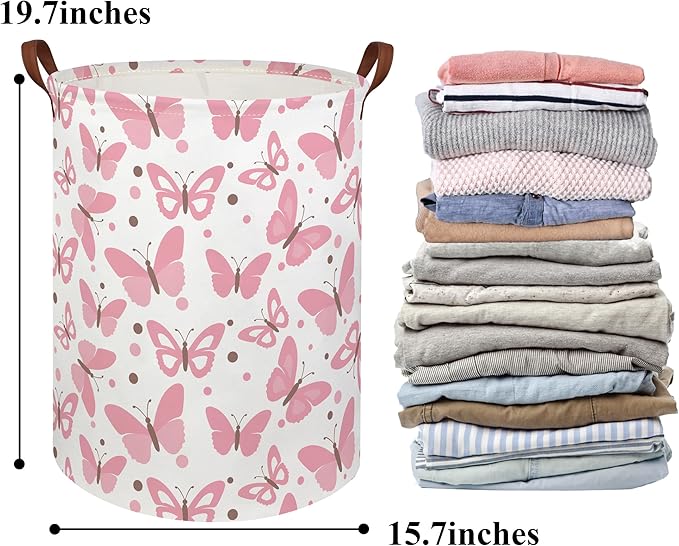 HIYAGON Girls Pink Laundry Baskets Baby Hamper for Nursery Girl Cute Kids Toy Organizer Bins Butterfly Room Decor Bedroom Bathroom(Pink Butterfly)