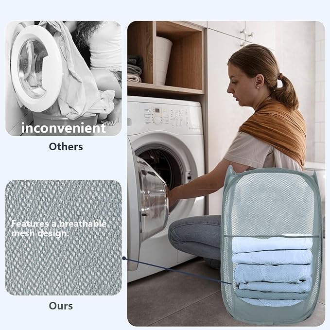 Pop Up Laundry Hamper, Mesh Laundry Basket Collapsible, Foldable Hamper for Travel and Storage (Grey)