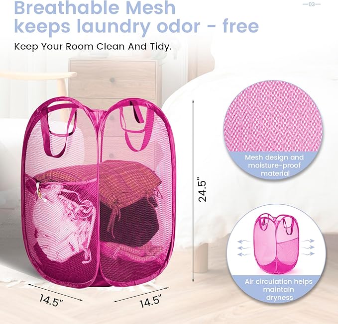 HOUSE AGAIN 2 Pcs Pop Up Laundry Hamper, Strong Mesh Laundry Baskets Collapsible, Hamper with Handles and Side Pocket, Portable Foldable Dirty Clothes for Dorm, Laundry room and Travel Storage, Pink