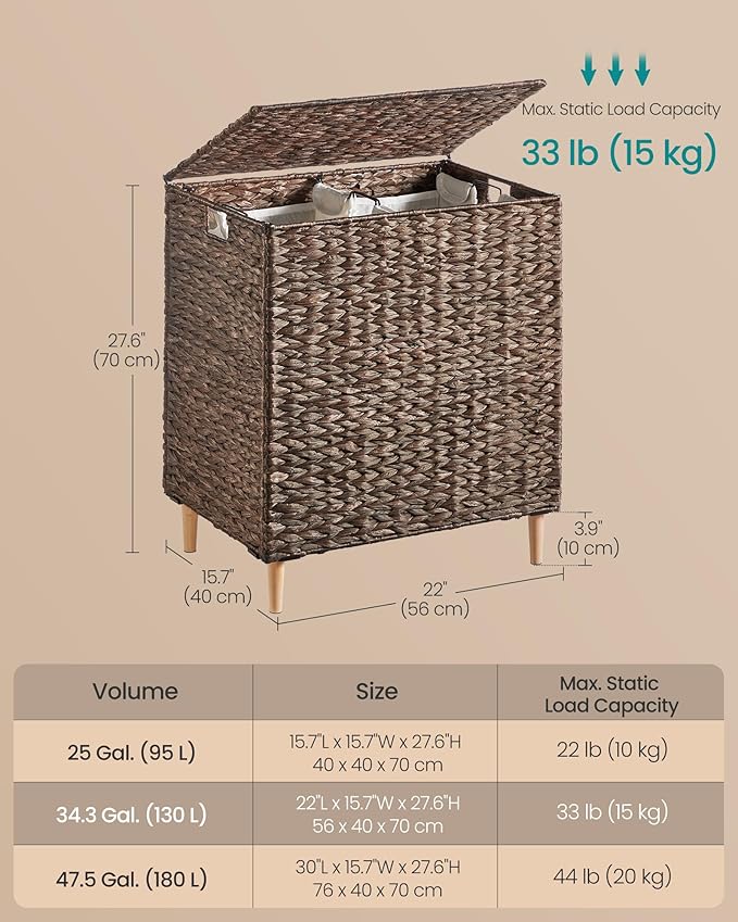 SONGMICS Laundry Hamper 2 Sections, 34.3 Gal. (130 L) Handwoven Water Hyacinth Wicker Laundry Basket with Lid, Natural Material, Removable Machine Washable Liners, Handles, Espresso ULCB202K01