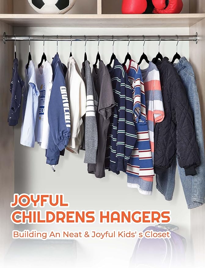 HOUSE DAY 14 Inch Kids Velvet Hangers 100 Pack, Durable Big Kid Hangers for Youth, Teen, Non Slip Kids Felt Hanger, Cute Childrens Hanger for Closet, Black