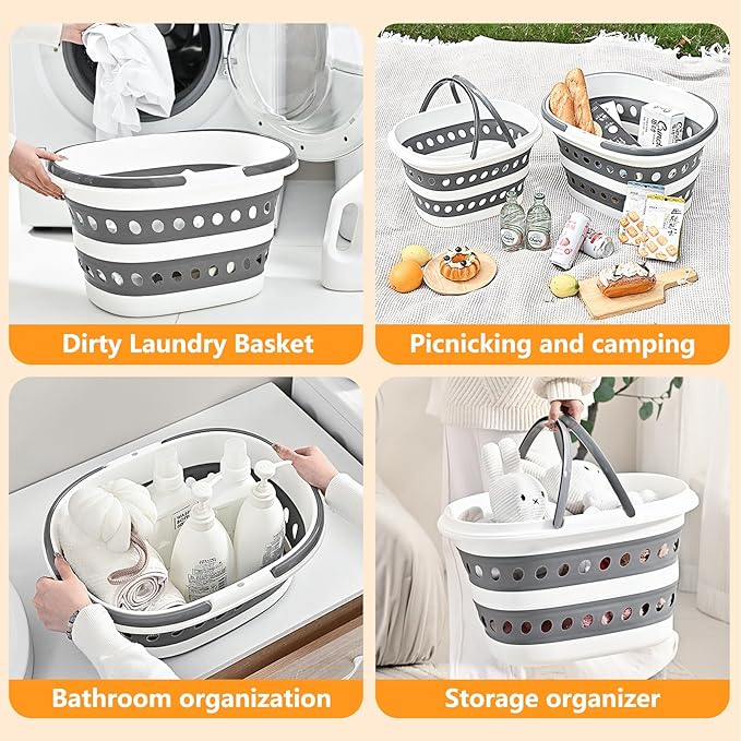 2 Pack Compact Collapsible Laundry Basket, Small Size Pop-Up Hamper Perfect for Bedroom Side,Bathroom,Travel, Not for Large Families, Foldable with Handle, Measures 16 x 12.5 x 9.5 In, (Gray)