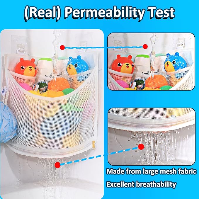 KPH Bath Toy Organizer, Large Capacity Corner Hanging with Mesh bath toy storage, Quick Drying