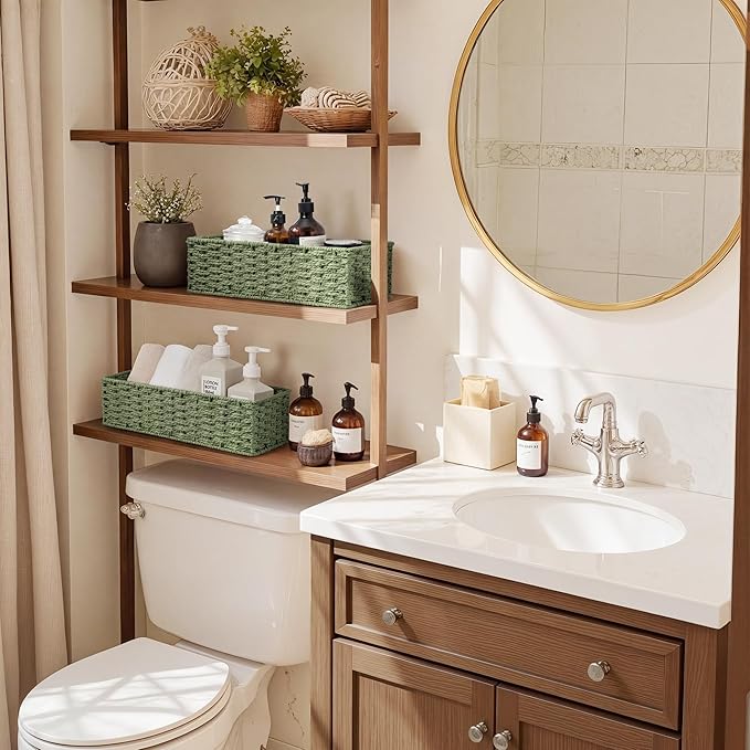 StorageWorks Sage Green Paper Rope Bathroom Basket Organizer and Storage for Tank Topper, Wicker Toilet Paper Basket for Back of Toilet Baskets, Small Narrow Tank Trays for Bathroom Decor, 2 Pack