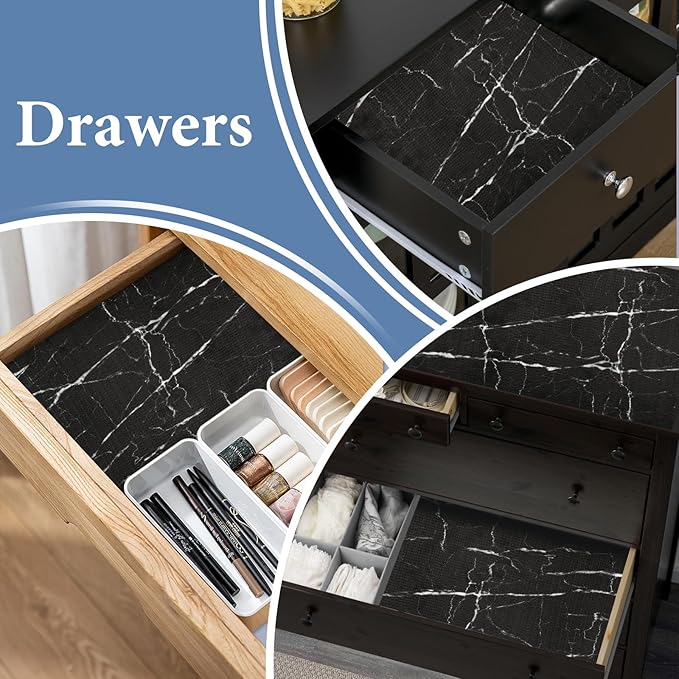 Drawer and Shelf Liner for Kitchen Cabinet: 17 in X 20 Ft Non Slip Waterproof Shelf Paper Non Adhesive Refrigerator Liners Black Marble Easy Liners for Bathroom with Knife Tape Measure