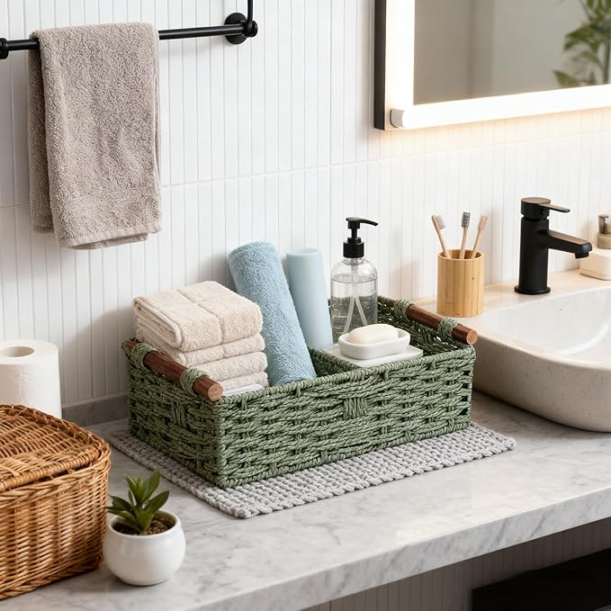 Back of Toilet Basket, Green Wicker Toilet Tank Basket for Toilet Paper Storage (Holds 2 Rolls), Handwoven Paper Rope Bathroom Basket Organizer with Wooden Handles, Basket for Top of Toilet Tank