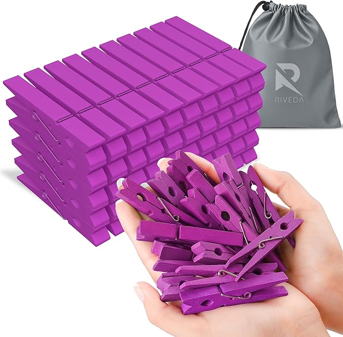 RIVEDA 50pcs Colored Wooden Clothes Pins, 2.9inch, Clothespins for Classroom, Clip Hanging Photos, DIY Clips for Crafts, Decorations (Purple)