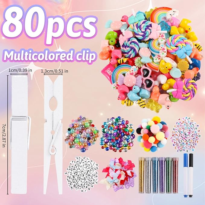80 Set Cheer Pins Spirit Clips Clothes Wooden Pins for Backpacks Include 90 Mini Resin Animals 30 Mini Bows 500 Beads Cheer Clothespins Decorations Ribbon Team Classroom Cheer Gifts Bulk（White）