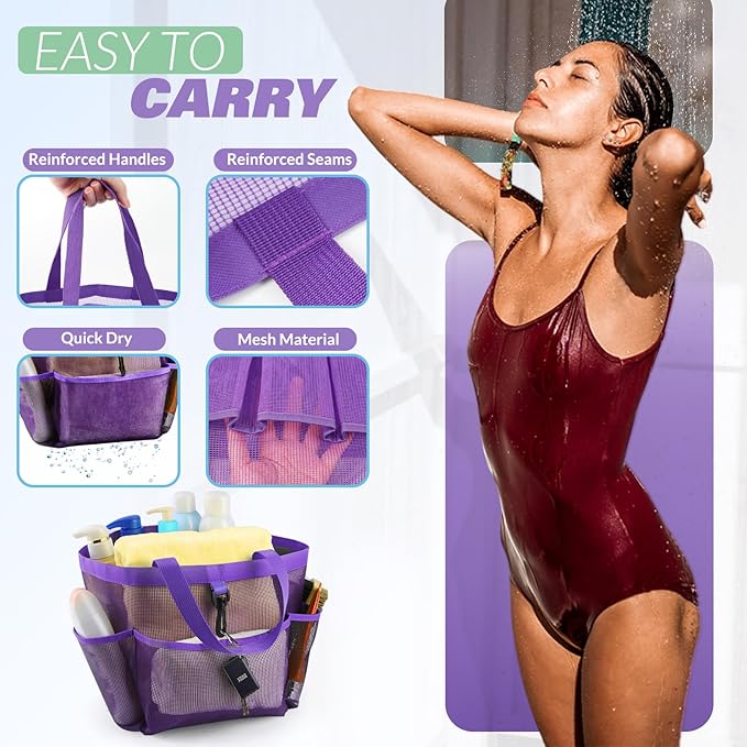 Mesh Shower Caddy Portable for College Dorm Room Essentials with 8 Pockets, Shower Bag for Beach, Swimming, Gym, Travel, Bathroom(All purple)