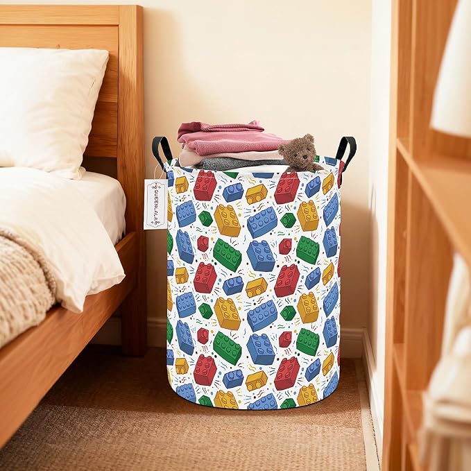 QUEENLALA Large Storage Basket,Laundry Hamper/Bathroom/Home Decor/Collapsible Round Storage Bin,Boys and Girls Hamper/Boxes/Clothing(Round-Blocks)