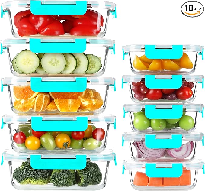 BAYZZ 10 Pack Glass Meal Prep Containers, Glass Food Storage Containers with Lids, Airtight Lunch Box, Freezer,Oven,Microwave and Dishwasher Safe