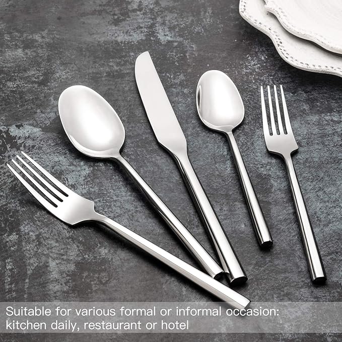 Kelenfer Hand Forged Stainless Steel Flatware Set Silverware Set Cutlery Set Hexagon Handle 5 Pieces Service for 1