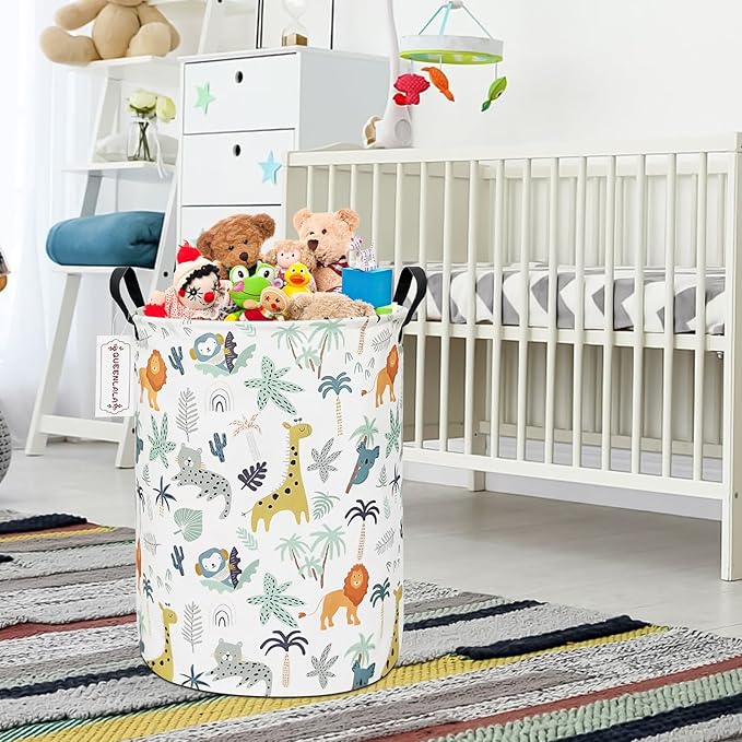 QUEENLALA Large Storage Basket,Laundry Hamper/Bathroom/Home Decor/Collapsible Round Storage Bin,Boys and Girls Hamper/Boxes/Clothing(Round-Animal)