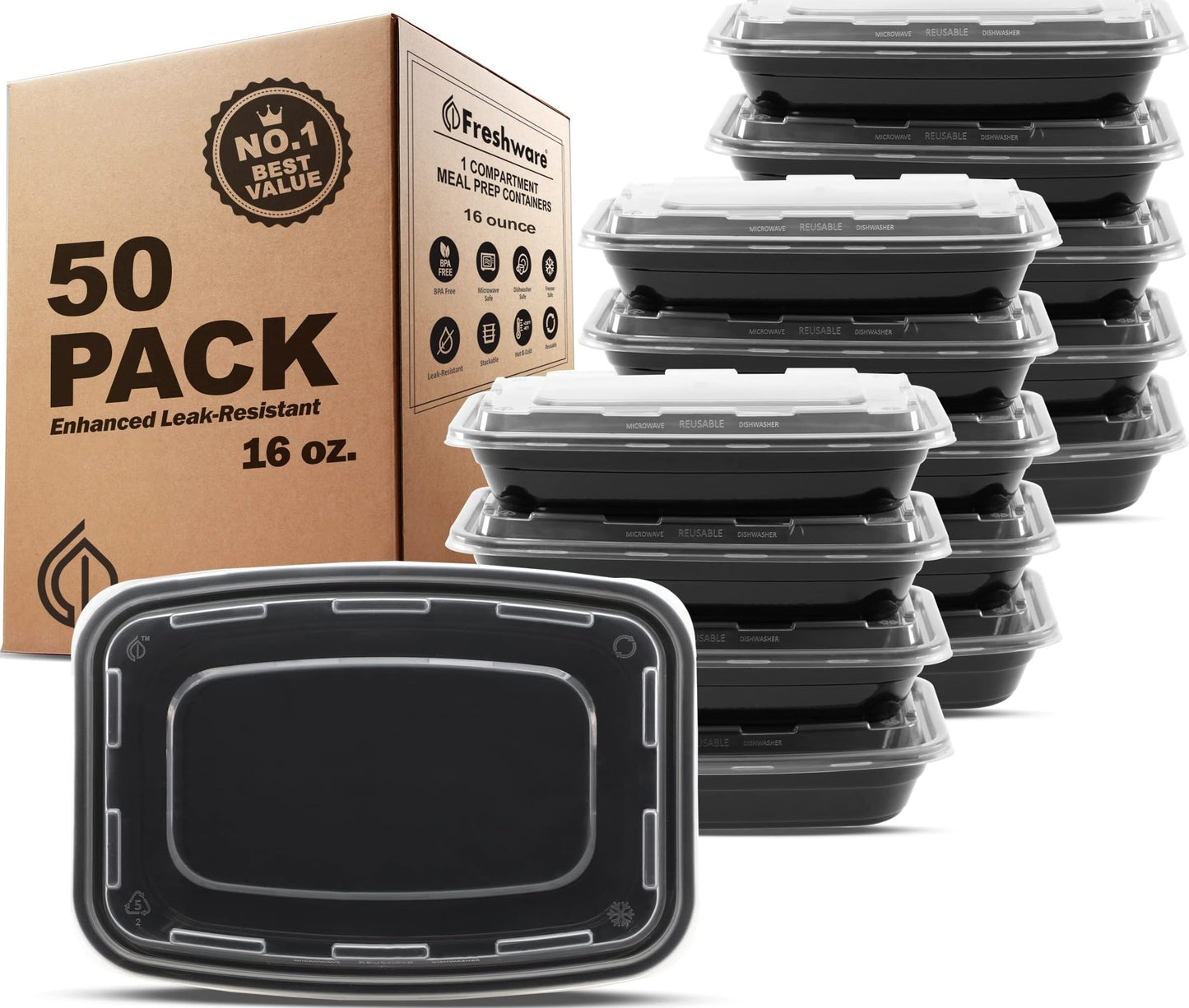 Freshware Meal Prep Containers [50 Pack] 1 Compartment Food Storage Containers with Lids, Bento Box, BPA Free, Stackable, Microwave/Dishwasher/Freezer Safe (16 oz)