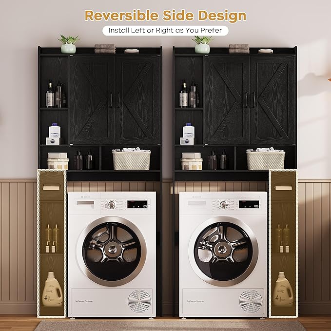 Over The Toilet Storage Cabinet, 31.1”W Bathroom Organizer with Double Doors, Above Toilet Rack, Detachable Toilet Paper Holder for Bathroom & Laundry Room Black