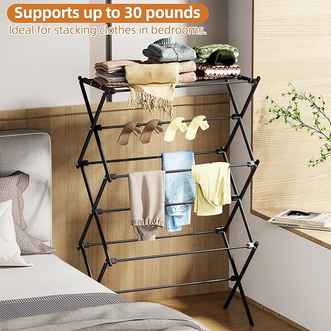 Drying Rack Clothing, 3-Tier Clothes Drying Rack Foldable, Antirust Laundry Drying Rack Collapsible Use for Indoor & Outdoor, 11.8" D x 34.6" W x 35.4" H, Black