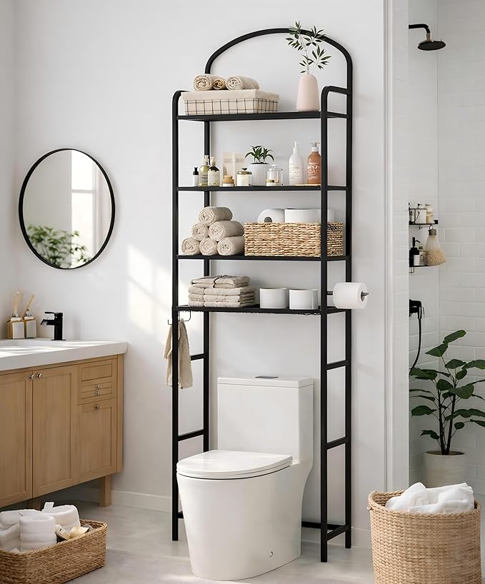 4-Tier Over The Toilet Storage, Bathroom Organizer, Space-Saving, Above Toilet Storage Rack with 4 Hooks and Paper Holder, Metal Shelf, Black