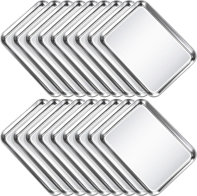 Potchen 12 Pcs Baking Sheet Pan Set Stainless Steel Cookie Sheet Small Toaster Oven Pans Tray Barbecue Grill Pan Rectangle Trays Oven Freezer Bakery, Non-stick, Easy Clean, 9 x 6.7 x 1 Inches
