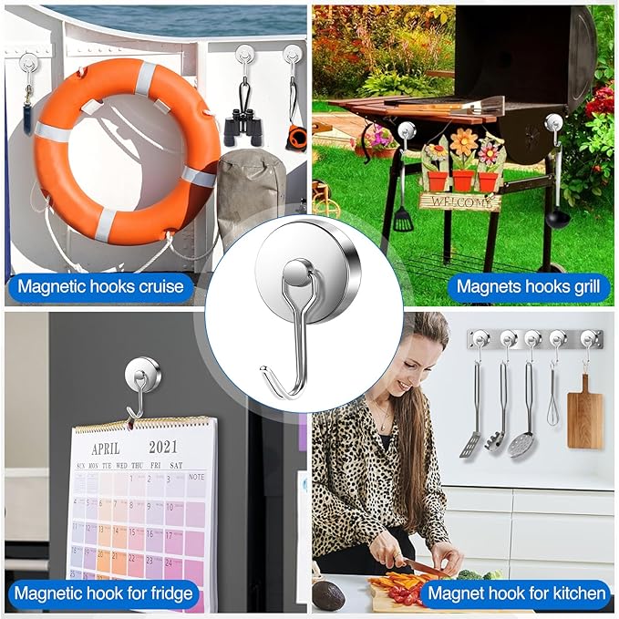 LOVIMAG Hooks, 120lbs+ Magnetic Magnet Hook 2025 Cruise Cabin Ship Essentials Heavy Duty Strong Refrigerator Fridge Hanging for Classroom Beach Vacation Kitchen Grills Home Mug Hanger (6 Pack), Silver