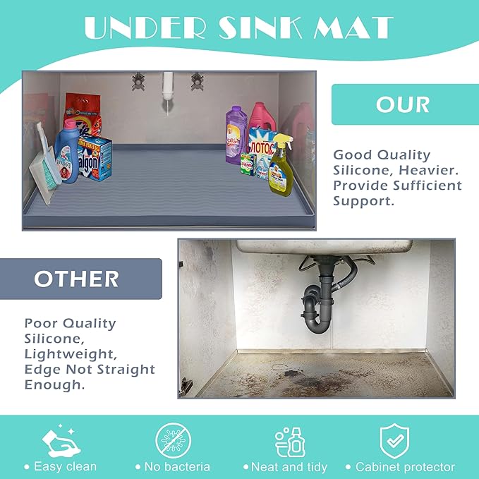 URMONA Waterproof Silicone Under Sink Mat 22'' x 14'' Shelf Liner for Kitchen and Bathroom, Cabinet and Counter Protector, Storage and Organizers, Litter Mat, Pet Cat Puppy Essentials(Khaki)